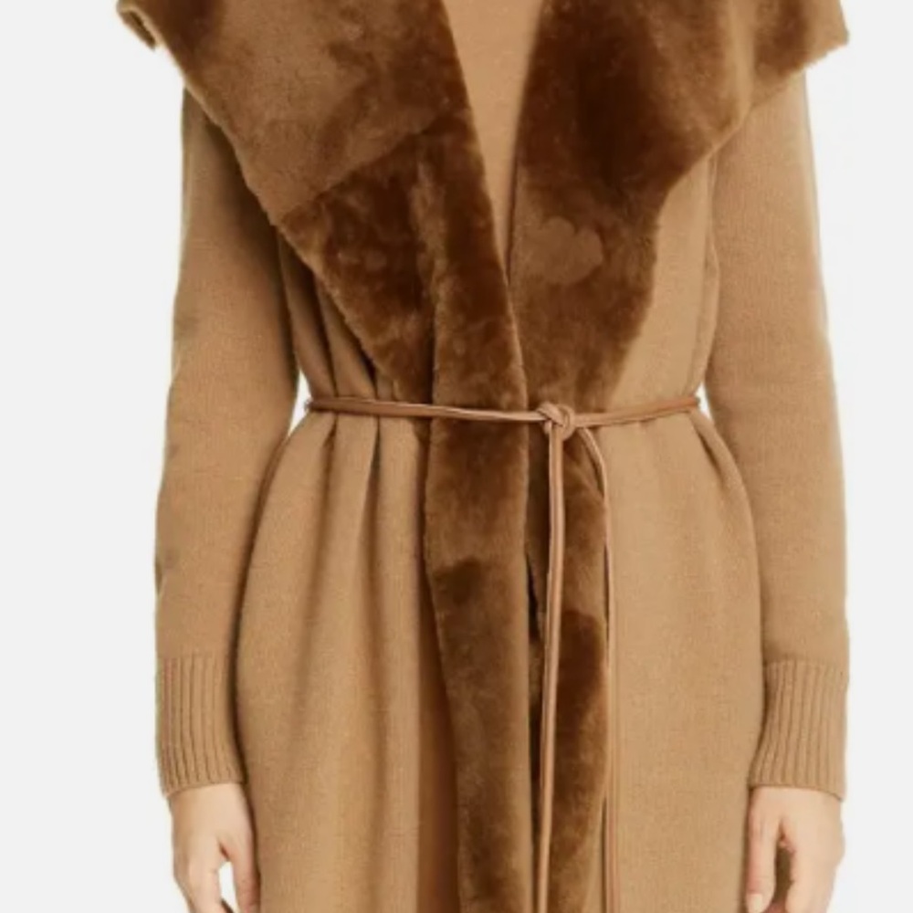 New Lafayette 148 NY Cammello Genuine Shearling Panel Wool cardigan.